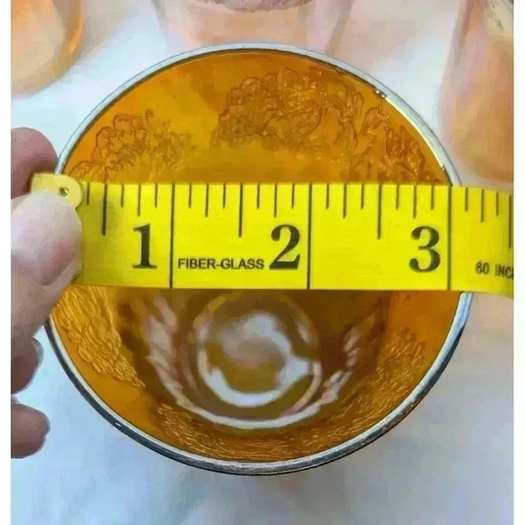 Set Of 4 Iridescent Carnival Drinking Glasses Fruit Motif 4" x3-1/4" Amber Color - Picture 14 of 14